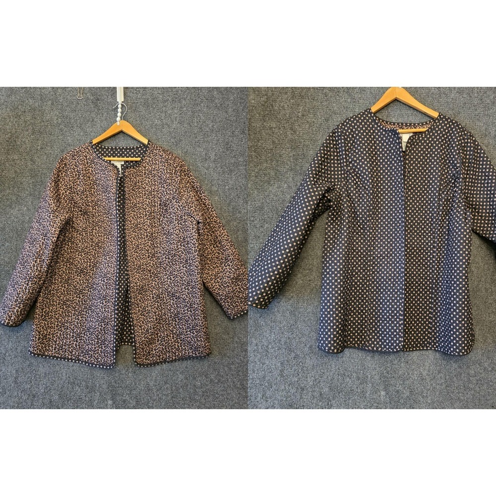 Catherines Jacket Womens 1X Brown Leopard‎ Quilted Reversible Open Front Dots